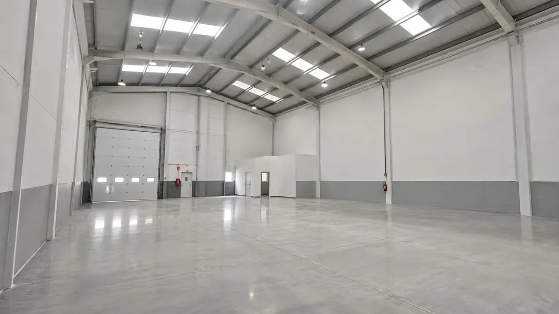 Interior de una nave industrial pintada por Reformas DLCP, con paredes blancas, zócalo gris, lucernarios en cubierta y suelo de hormigón pulido