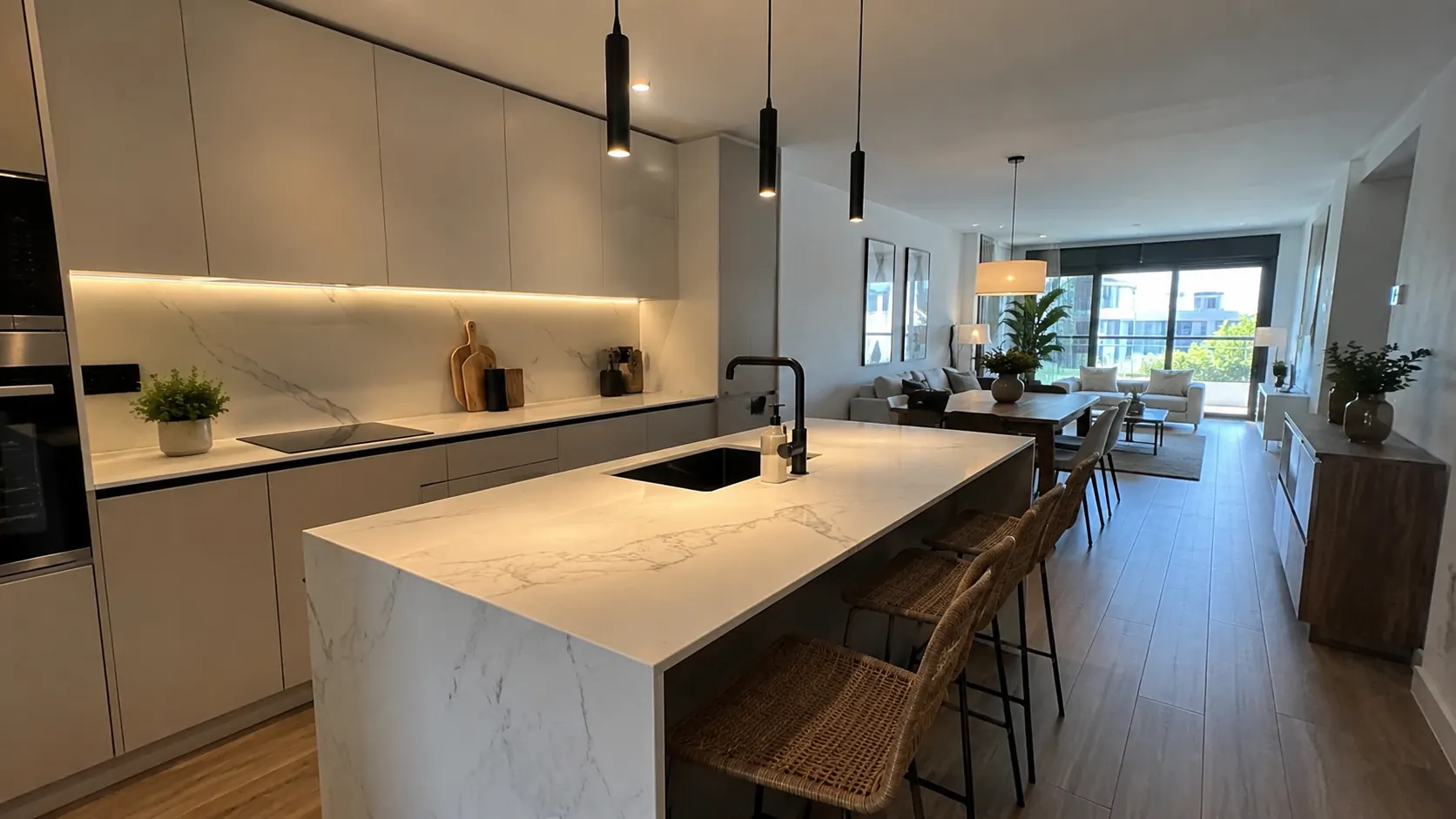 Cocina abierta al salón después de una reforma integral de Reformas DLCP, con isla de encimera porcelánica, muebles sin tirador y suelo laminado